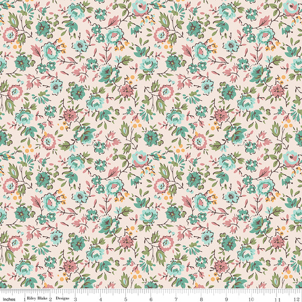 Piece & Plenty Fabric by Lori Holt for Riley Blake - Beige and Sea Glass Small Floral Fabric