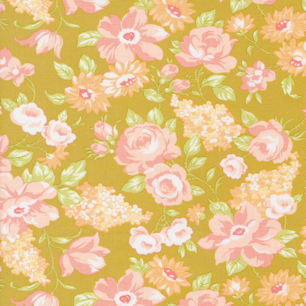 Portofino Fabric by Fig Tree Quilts for Moda - Citron and Coral Large Floral Fabric