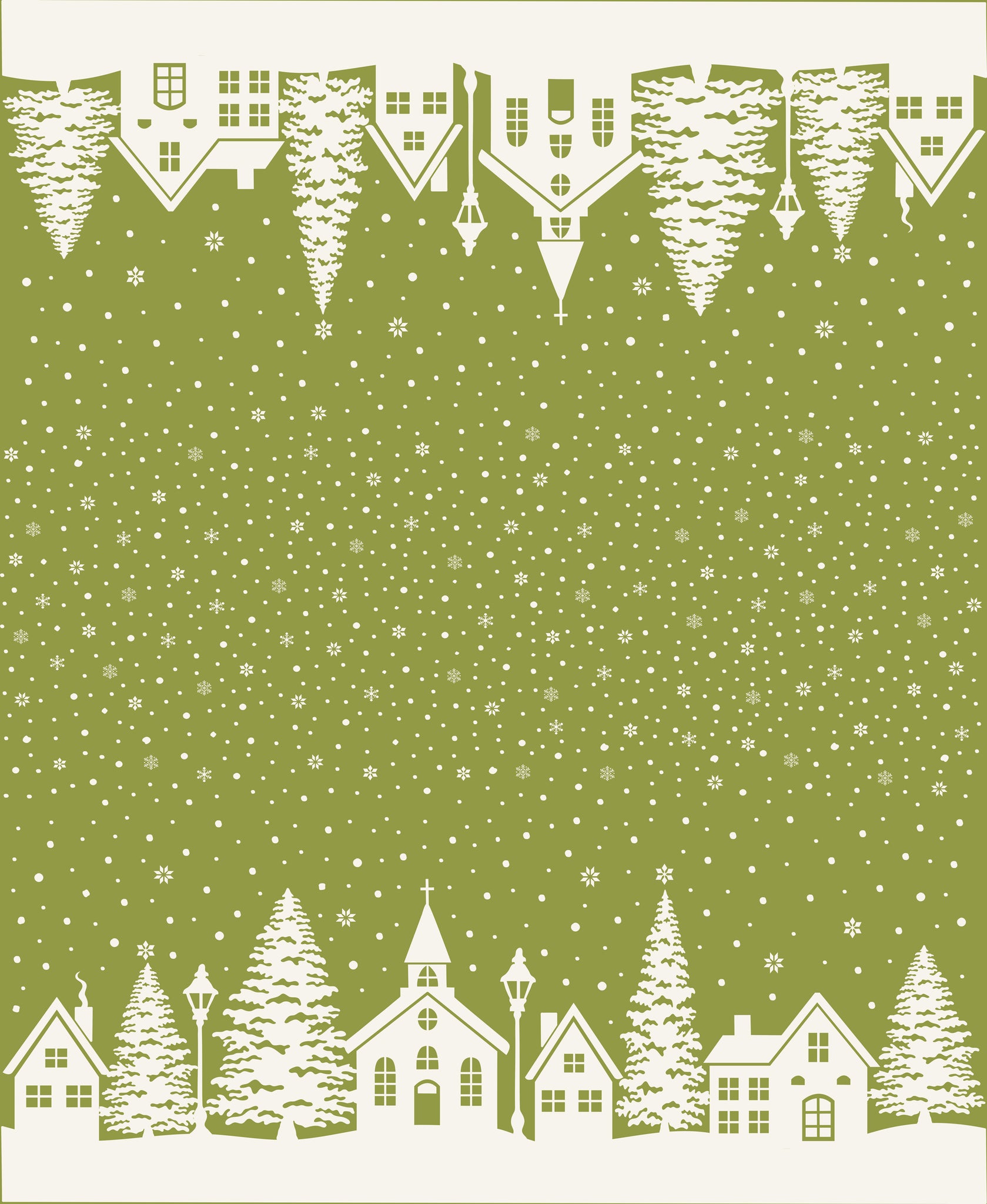 Buon Natale Fabric by Fig Tree Quilts for Moda - Green & White Christmas Village Double Border Fabric by the 1/2 Yard