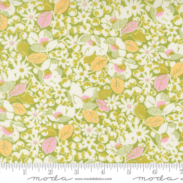 Summer's End Fabric by Fig Tree Quilts for Moda - Green Cream and Pink Medium Floral Fabric