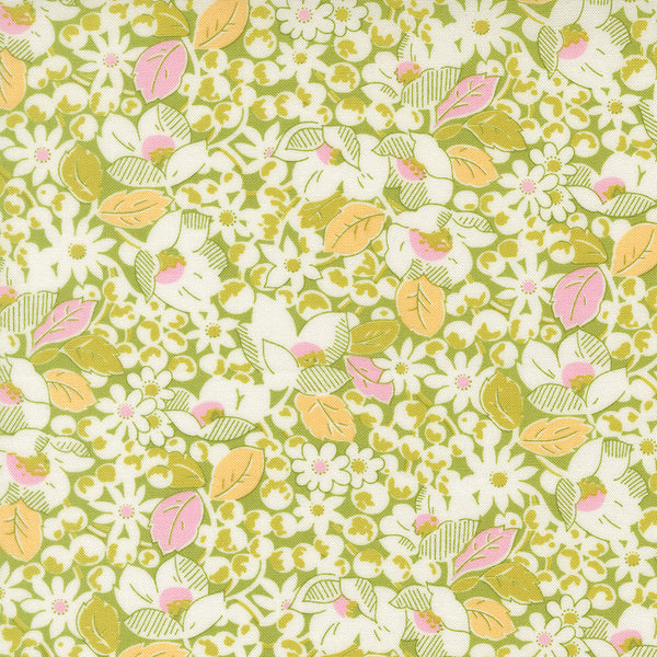 Summer's End Fabric by Fig Tree Quilts for Moda - Green Cream and Pink Medium Floral Fabric