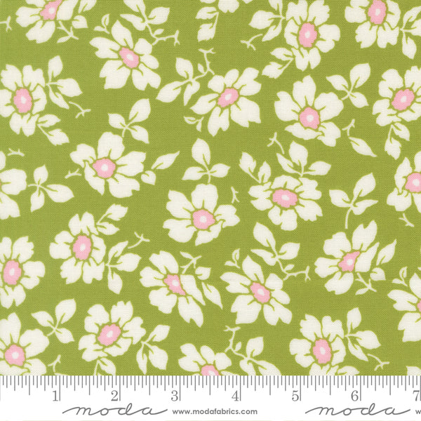 Summer's End Fabric by Fig Tree Quilts for Moda - Green and Cream Medium Floral Fabric