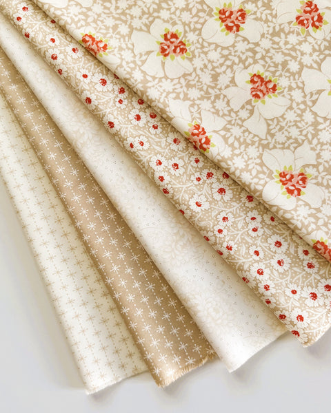Fig Tree Rosie Fabric Fat Quarter Bundle - 5pc Tan and Cream Color Bundle