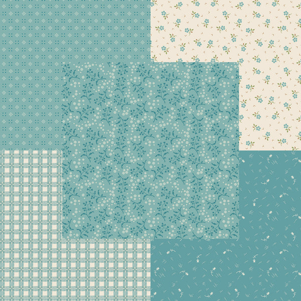 Lori Holt Baked With Love Fabric Fat Quarter Bundle - 5pc Teal Blue Color Bundle