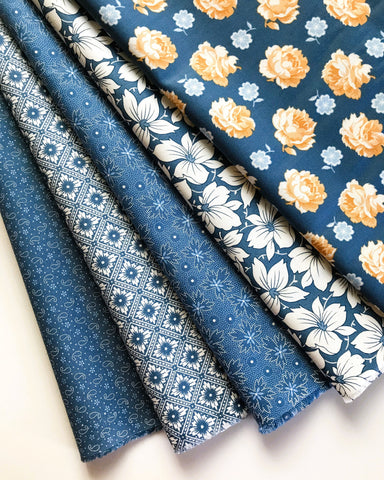 Fig Tree Denim & Daisies Fabric Fat Quarter Bundle - 5pc Denim Blue Color Bundle