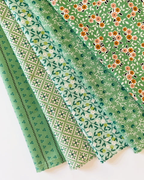 Lori Holt Gentler Times Fabric Fat Quarter Bundle - 5pc Sea Glass Green Color Bundle