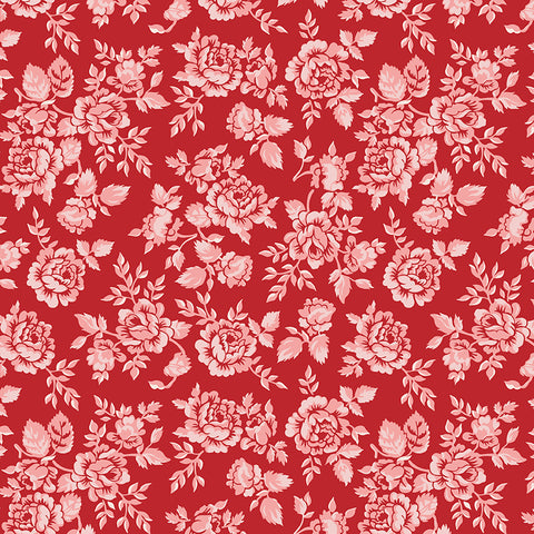 hometown fabric with pink roses on a red background