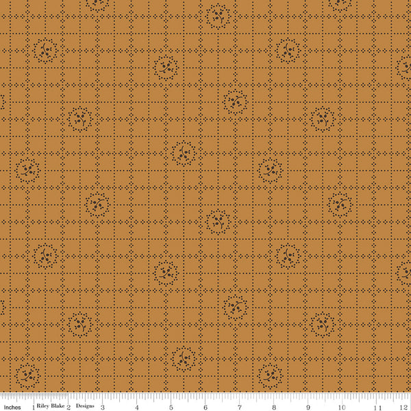 Gentler Times Fabric by Lori Holt for Riley Blake - Dark Yellow Gold Small Floral Plaid Fabric