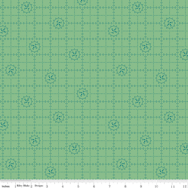 Gentler Times Fabric by Lori Holt for Riley Blake - Green Small Floral Plaid Fabric