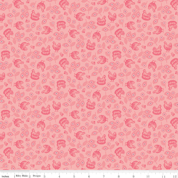 Farmer's Daughter Fabric by Lori Holt for Riley Blake - Coral Pink Hens & Chicks Fabric