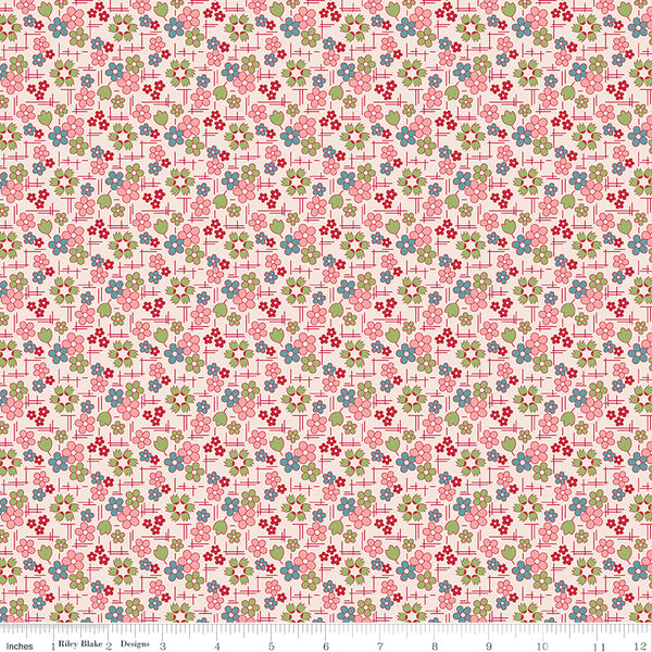 Farmer's Daughter Fabric by Lori Holt for Riley Blake - Beige Pink and Green Small Floral Fabric