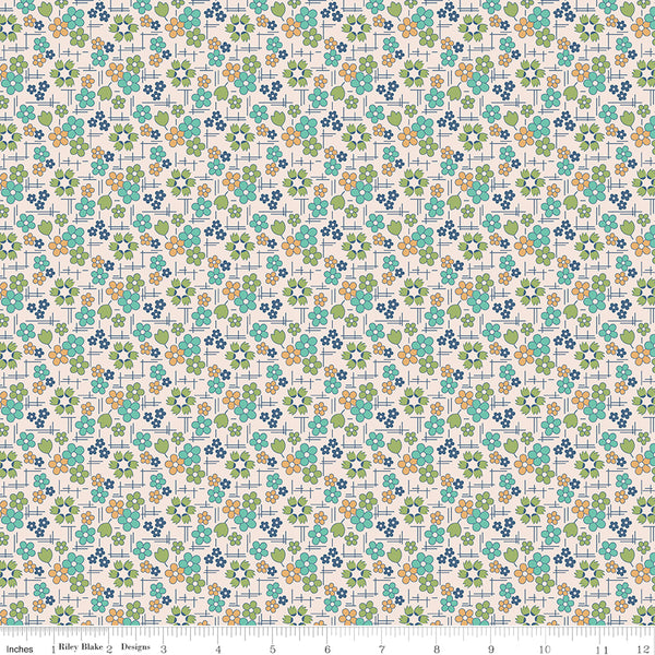 Farmer's Daughter Fabric by Lori Holt for Riley Blake - Beige Blue and Green Small Floral Fabric