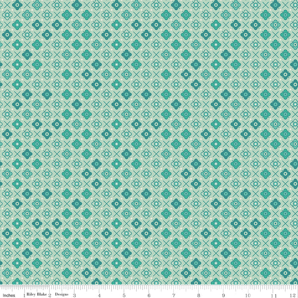 Farmer's Daughter Fabric by Lori Holt for Riley Blake - Small Green and Blue Flower Grid Fabric
