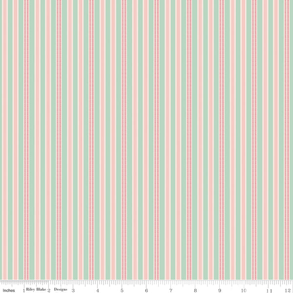 Farmer's Daughter Fabric by Lori Holt for Riley Blake - Green and Pink Stripe Fabric