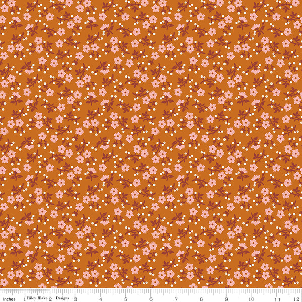 Baked With Love Fabric by Lori Holt for Riley Blake - Dark Gold and Pink Small Floral Fabric