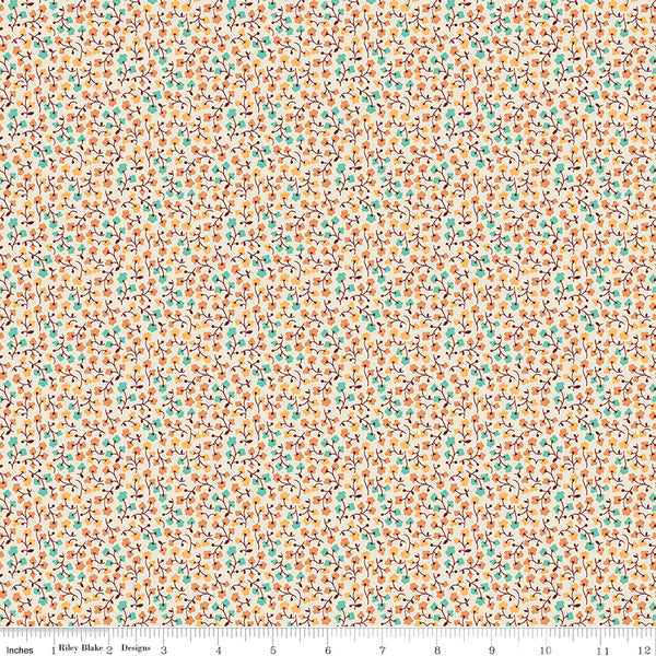Baked With Love Fabric by Lori Holt for Riley Blake - Off White Yellow and Aqua Blue Small Floral Fabric