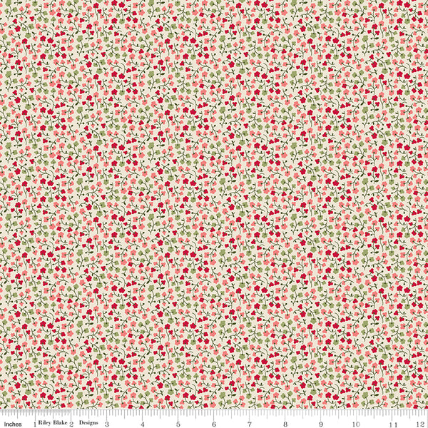 Baked With Love Fabric by Lori Holt for Riley Blake - Off White Red and Coral Small Floral Fabric