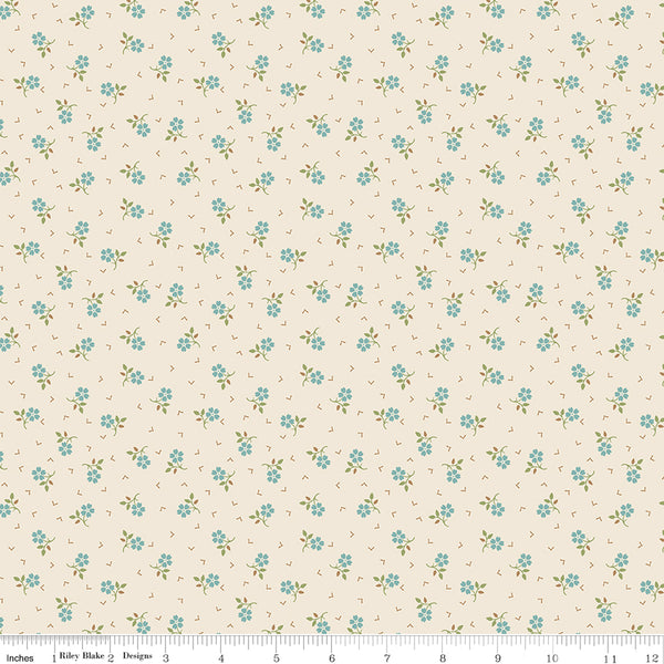 Baked With Love Fabric by Lori Holt for Riley Blake - Off-White and Blue Small Floral Fabric