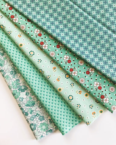 Lori Holt Mercantile Fabric Fat Quarter Bundle - 5pc Aqua & Sea Glass Color Bundle