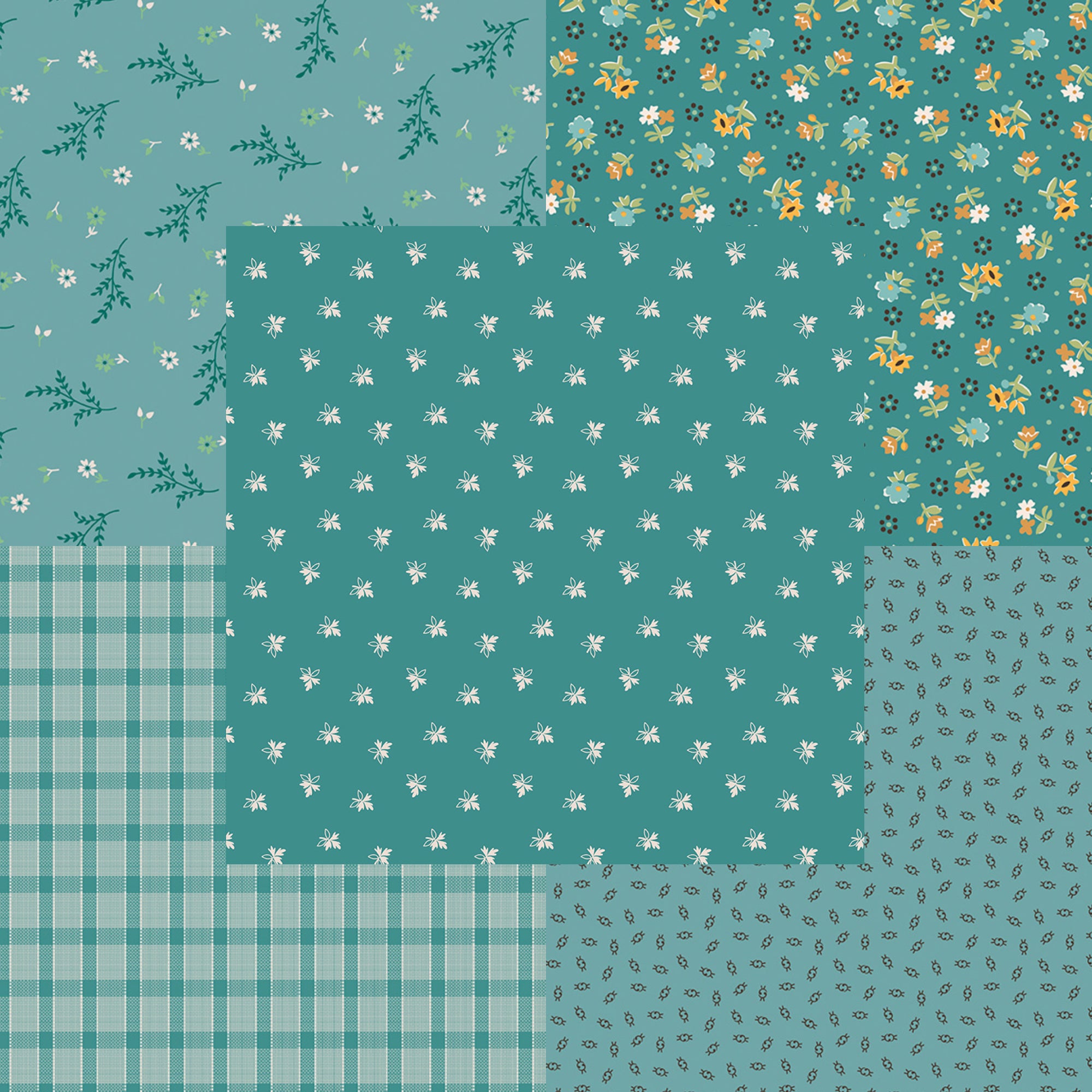 Lori Holt Gentler Times Fabric Fat Quarter Bundle - 5pc Teal Color Bundle