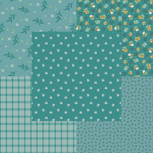 Lori Holt Gentler Times Fabric Fat Quarter Bundle - 5pc Teal Color Bundle
