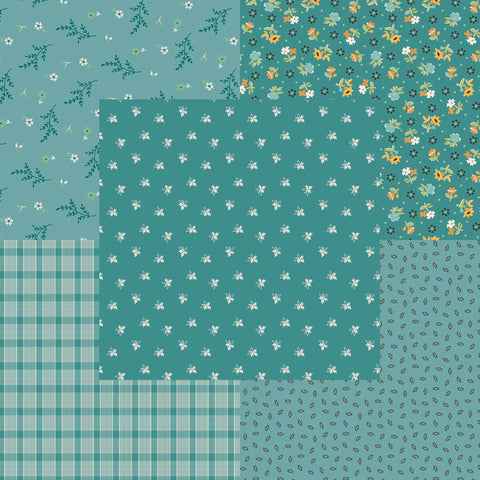 Lori Holt Gentler Times Fabric Fat Quarter Bundle - 5pc Teal Color Bundle