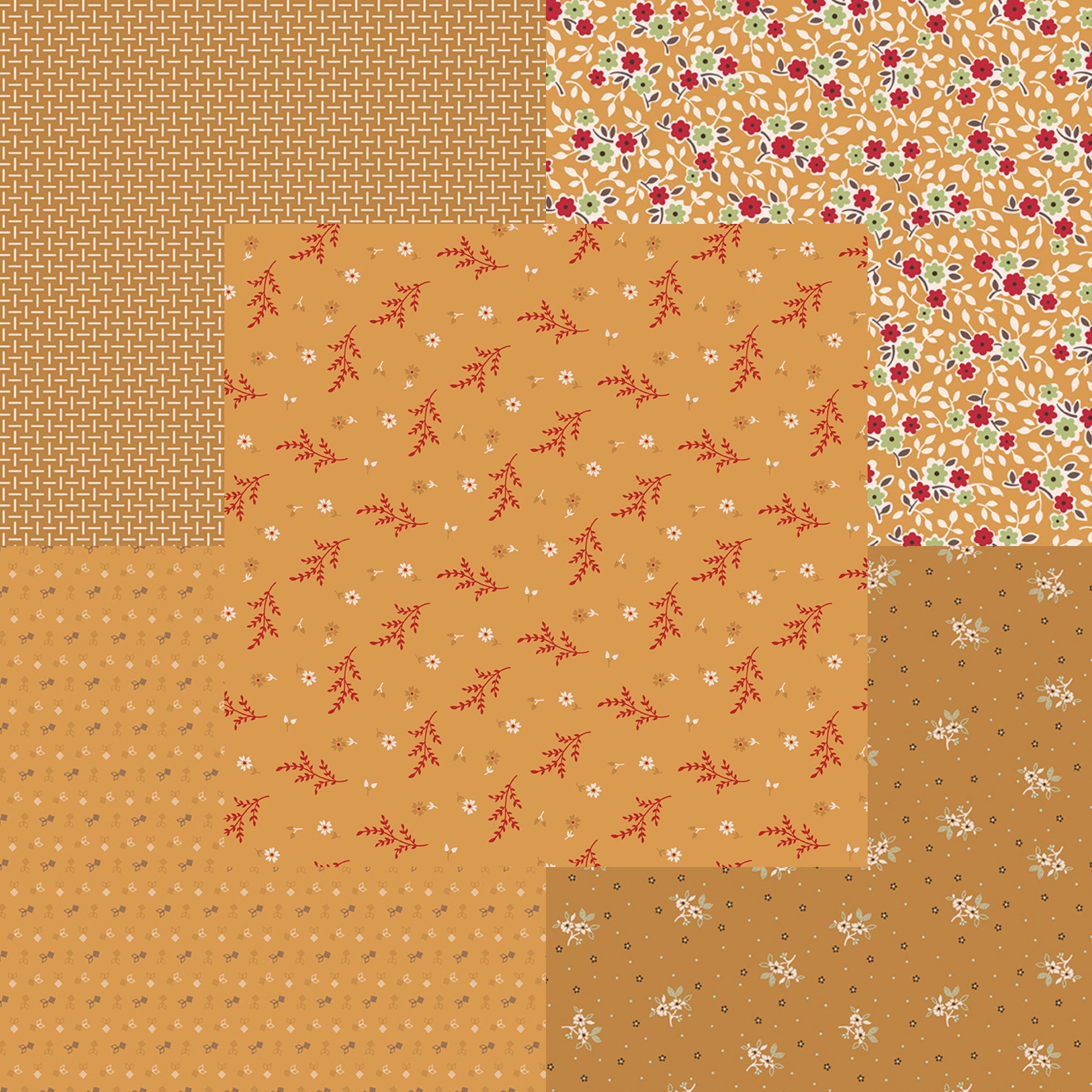 Lori Holt Gentler Times Fabric Fat Quarter Bundle - 5pc Yellow/Gold Color Bundle