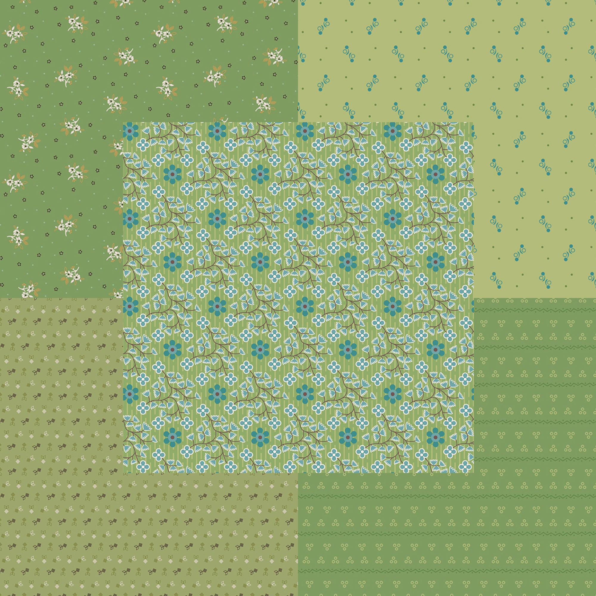 Lori Holt Gentler Times Fabric Fat Quarter Bundle - 5pc Green Color Bundle