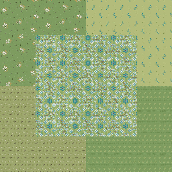 Lori Holt Gentler Times Fabric Fat Quarter Bundle - 5pc Green Color Bundle