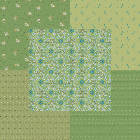 Lori Holt Gentler Times Fabric Fat Quarter Bundle - 5pc Green Color Bundle