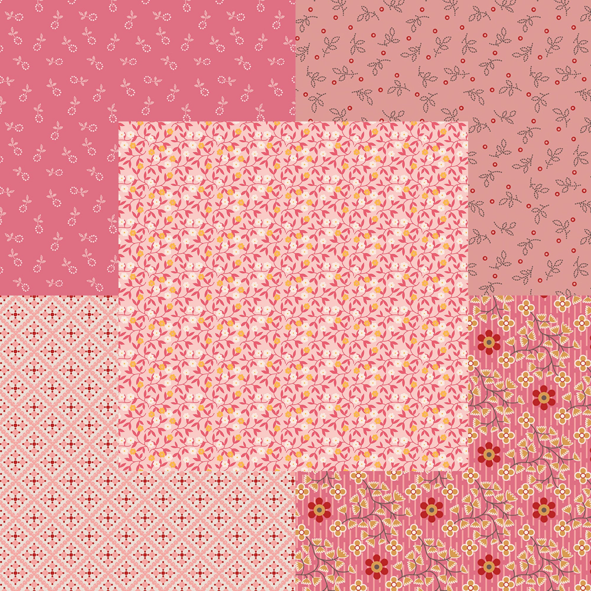Lori Holt Gentler Times Fabric Fat Quarter Bundle - 5pc Pink Color Bundle