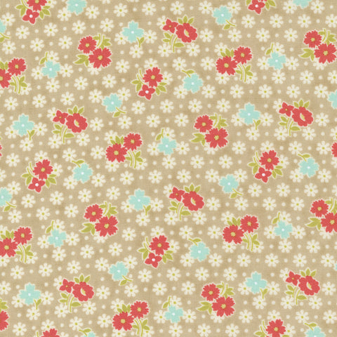 tan quilting fabric with aqua red and white flowers